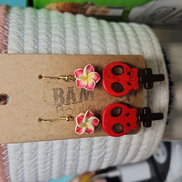Hand Crafted Jewelry - 👻Handmade Red Yellow White Floral Howlite Sugar Red Skull Brown Cross Earrings